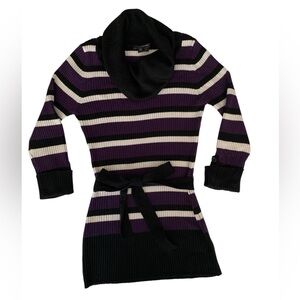 My Michelle Striped Cowl Neck Sweater Ribbed Soft Black Purple Tie Back Girls L